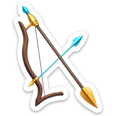 Clash of Clans aesthetic: Cinematic Playful Pixel 3D isometric  Bow & Arrow Emoji, rendered in a 3D vector-style similar to standard emojis with minimal shading and bold, simplified shapes. A compact, distinct form with signature details, softly glowing with a pixelated adventure charm. Simplified yet unmistakably iconic, highly detailed and consistent, glowing with a soft radiance and high shine. Stylized with a touch of classic pixel-art charm and a soft glowing outline, capturing the essence of a beloved gaming relic with a friendly, playful manner! sticker