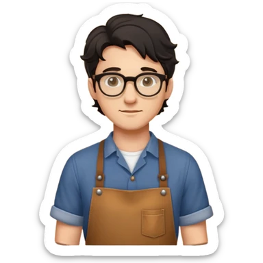 Young caucasian man with black wavy hair, round glasses, brown carpentry apron over a shirt, woodworker sticker
