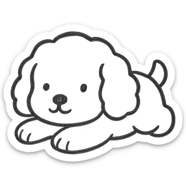 Create a sticker of a cute dog character lying on its belly, using only black outline with no white outline, on a white background, maintaining the original hand drawn style with no fill and no color. sticker