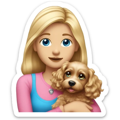White dark blond girl with long hair and blue eyes wearing a pink shirt and hugging a cavapoo dog sticker