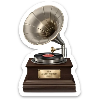 A platinum music award plaque: a square, polished platinum plate with a subtly textured, mirror-like finish, mounted on a simple dark wood base. The center features a relief of a vintage gramophone or stylized vinyl record in a slightly darker metallic tone.  sticker