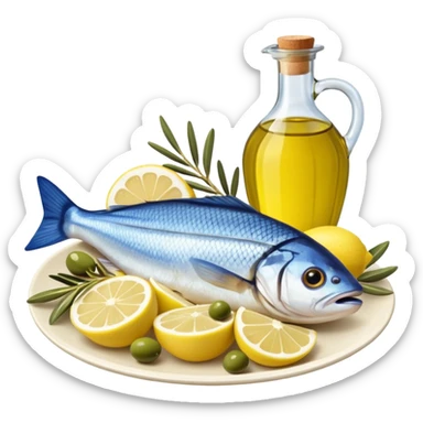 Mediterranean cuisine humanless avatar in clean emoji-style illustration. Olive oil, fish, lemon, blue and sunny colors, light and fresh mood, flat design, high contrast. sticker