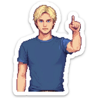 Flat pixel art, confident male leader, Caucasian, short neat blonde hair, sharp eyes, indigo T-shirt, one arm raised pointing out, waist-up, front-facing sticker
