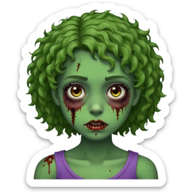 Garota, cabelos cacheados curtos na medida dos ombros, pele verde, olhos castanhos escuros, machucados pelo corpo, remetendo a um zumbi sticker