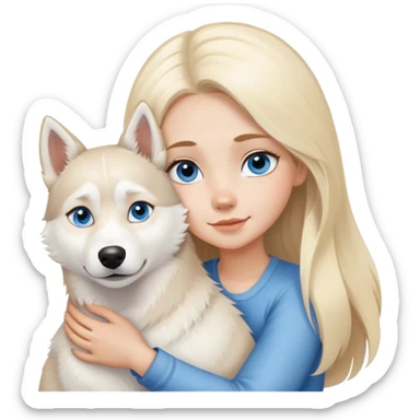 blonde girl with long blonde hair and blue eyes hugging a white husky with brown eyes sticker