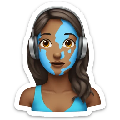 woman with headphones brunette wih left eye brown and right eye bue sticker