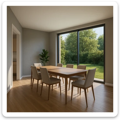 Add a modern full-height glass door leading to the garden in the dining room exactly where the steps are, with a width of 2.55 meters, integrated into the hyperrealistic 3D floor plan. Show the glass door in 10 different perspective views as architectural renders. sticker