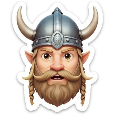 Clash of Clans aesthetic: Cinematic Comical Viking Portrait Emoji, Head tilted dramatically with an exaggerated, fun expression and wide, comically expressive eyes, featuring a rugged yet cartoonish build with a quirky Viking helmet with oversized horns and a playful beard, his face rendered in natural skin tone, Simplified yet hilariously expressive features, highly detailed, glowing with a slightly sassy, vibrant radiance, high shine, dramatic yet playful, stylized with an air of cheeky Nordic mischief, soft glowing outline, capturing the essence of a meme-worthy Viking bringing humor to epic adventures! sticker