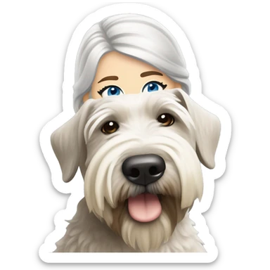 pretty woman blonde hair blue eyes hugging a white and gray soft coated wheaten terrier dog with bangs over one dog eye sticker