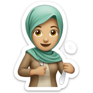 A Pakistani/brown mum with a headscarf holding a fork and spoon with two hands with a smile sticker