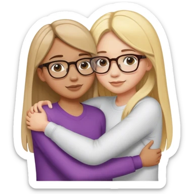Girl with short straight brown hair hugging her best friend, a girl with long blonde hair. Both wears eyeglasses sticker