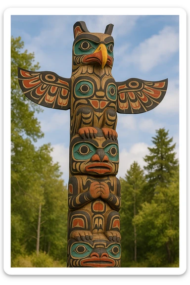 A detailed image of a traditional Pacific Northwest Native American totem pole carved from a tall wooden log. The pole features intricate woodcarvings of stacked animal figures, with a prominent eagle at the top symbolizing strength and spirituality. Bold tribal patterns with geometric and organic motifs are painted in vibrant red, black, white, and blue. The design reflects indigenous artistry, with stylized animal features such as curved beaks and large eyes, and ornamental details. The totem pole stands as a cultural monument, embodying tribal heritage, ancestral legacy, and spiritual symbolism, set against a natural background to highlight its connection to nature and Totemism. sticker