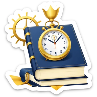 A navy blue productivity book with gold details, running clock and chart with upward trend aura, radiating productivity, strategy, and success in motion with time and happiness yellow sticker