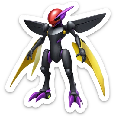 a shiny metallic black-purple-red-yellow Genesect-Flygon-Raptor-Fakémon-Medabot-hybrid with a futuristic visor-helmet full body sticker