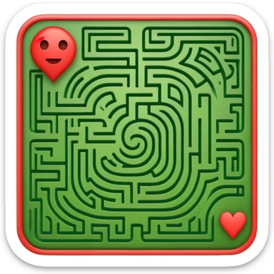 Create a realistic emoji of a maze with different patterns in red which show the wrong way and one way which shows the right way across the maze in green sticker