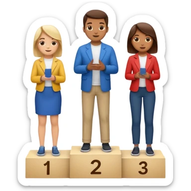 show people on podium in first, second and third place.  The podium should be labled 2, 1, 3.  The middle position should only have the number 1.  the people should be dressed causally in regular clothes sticker