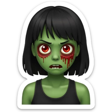 Zombie emoji with long black hair and bangs, with green skin, big red eyes, small nose, and a simple black tank top.  sticker