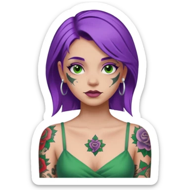women with tatoos and hightlight that tatoos with purple hair and green dress sticker
