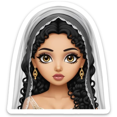 South West asian beauty, pretty bratz baddie, black eyeliner, long black curly hair, veil, medium skin  sticker