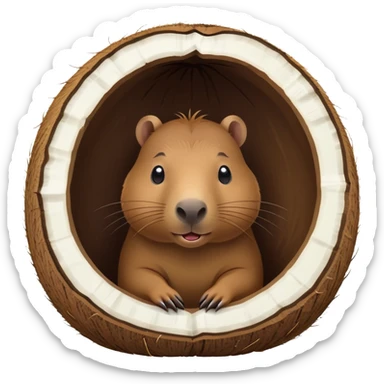 Small capybara inside a hollowed coconut, using it as a cozy home sticker
