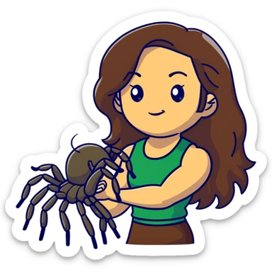 Attractive and muscular Mexican woman in her 20s with long dark brown hair with blonde highlights, with a tarantula sticker