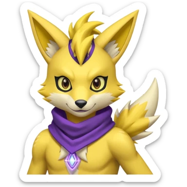 Furry Anthropomorphic Yellow Renamon-Zeraora-Toxtricity-Pokémon-Digimon-Fakémon-fusion with purple lightning-bolt-markings, and facial markings, black bandanna scarf sticker