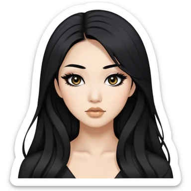 black hair, black eyes, asian baddie,pretty makeup, strong makeup, black eyeliner, long hair sticker