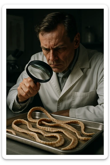 A middle-aged male kinesiologist wearing a pristine white lab coat, intensely analyzing long, beige tapeworms (like Taenia) under a magnifying glass. His expression is focused and slightly concerned, with dramatic studio lighting casting sharp shadows. The parasites are highly detailed, moist, and textured, stretched across a sterile metal tray. The background is blurred but suggests a clinical environment—hints of a microscope, medical charts, and clean lab equipment. The style is hyper-realistic, with a cinematic contrast between the bright white coat and the grotesque, organic forms of the parasites. No sci-fi elements, just raw medical realism with a disturbing edge sticker