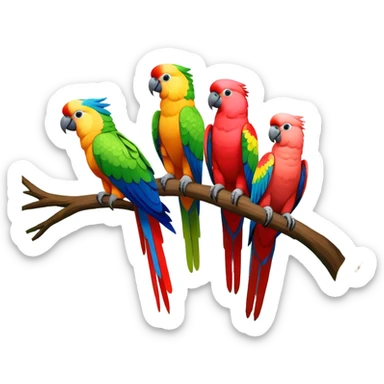 Close-up collage of vibrant Ara parrots and Inca cockatoos sitting on tree branches, surrounded by lush greenery. Bright colors of the birds stand out against a natural, sunny background of trees and flowers. Transparent background. sticker
