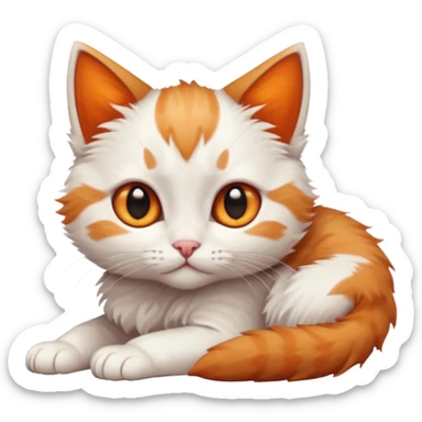 full body of very small + skinny ginger and white kitten with deep orange eyes and triangular shaped face lying down sticker