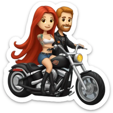 Guy with tattoos and long hair riding a Harley chopper motorcycle with a pretty red haired girlfriend  sticker