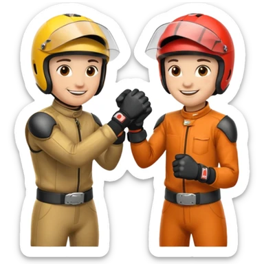 2 dirtbike racers in gear and gloves fist bumping sticker