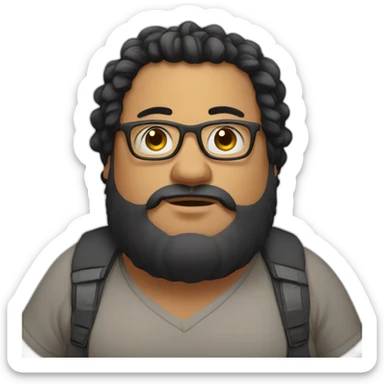 Short man with lots of black hair and beard, very fat with glasses in his hair, dressed like a bum. sticker