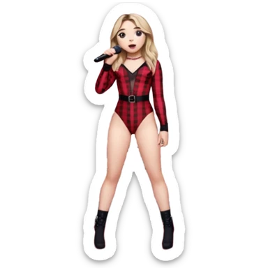 Sabrina carpenter singing at concert wearing a black and red plaid bodysuit  with red sheer top over it with huge crowd and light pink stage setting  sticker