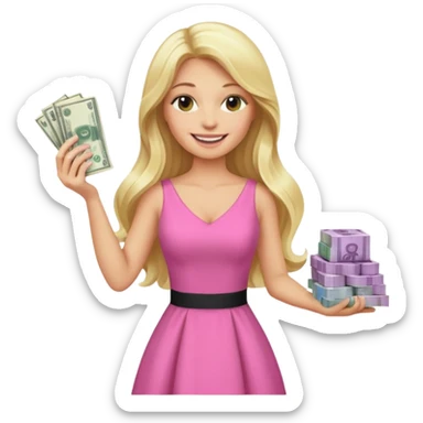 rich long hair blonde australian millionare woman holding cash bricks wearing pink dress sticker