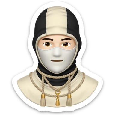 Deconstructed off-white balaclava with frayed layers, rope tassels, subtle embroidery. Studio photo, white bg, soft light. Streetwear luxury style.
 sticker