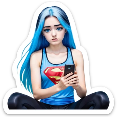 Shameful disappointed crying-very very very very big chest-texting on a samsung cell phone-very long straight flowing black to sky blue hair ombre-blue eyes-black eyeliner-long eyelashes-plastic sparkling sky blue very low cut tank top with sparkling superman logo-black leggings-nike sneakers sticker