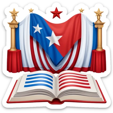 Open book about theatrical scenography with the Puerto Rican flag integrated into its pages, showing theater stage designs in red and blue colors with a white star sticker
