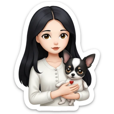 A girl with fair skin, long black hair, white clothes, gently tilting her head, holding a black Chihuahua tightly with both hands sticker