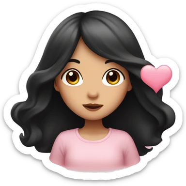 a girl with long black hair blowing a kiss to a light pink heart sticker