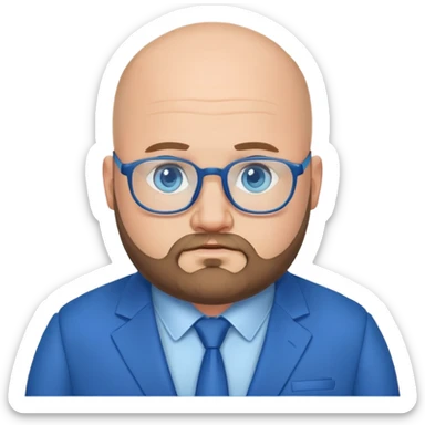 blue-eyed slightly overweight bald man with a beard in a blue suit with glasses sticker
