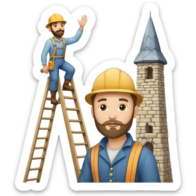 steeplejack man light skin with a beard on a ladder that's beside a spire sticker