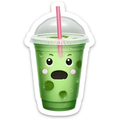 iced matcha in takeaway plastic cup with flat lid and straw no NO FACE sticker