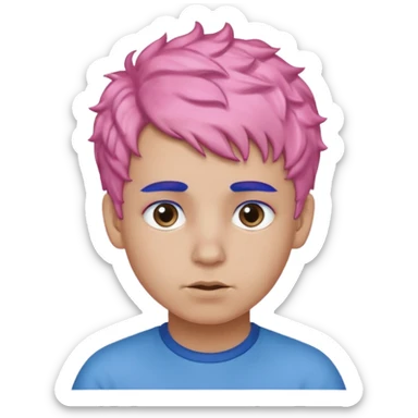boy with short, curly pink hair, matching blue eyebrows, light brown skin, and a neutral facial expression. sticker