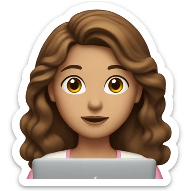 a woman with brown long wavy hair and brown eyes and white skin with macbook sticker