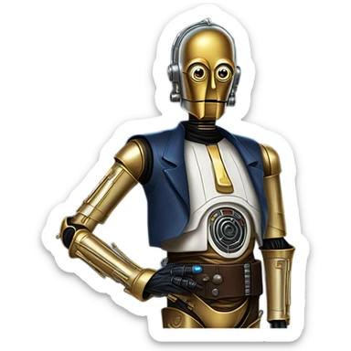 tarnished undercover tough well-equipped Jedi  life-sized darkblue-pearl C3po as a friendly droid wearing a leather clothing old west duster coat holding light saber  sticker