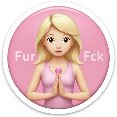 angelic blonde girl in light pink yoga outfit pushing "FUCK" pink button sticker