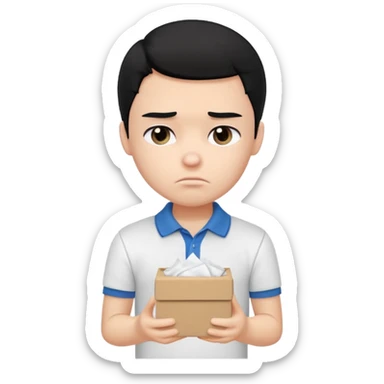 generate a pretty bratz boy with black hair, wearing a plain white polo shirt. Looking sad, holding a box of tissues in his right hand sticker