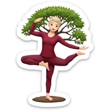 A serene young practicing the Tree Pose (Vrksasana), embodying stability with two feet on ground and with dark wine red clothes sticker
