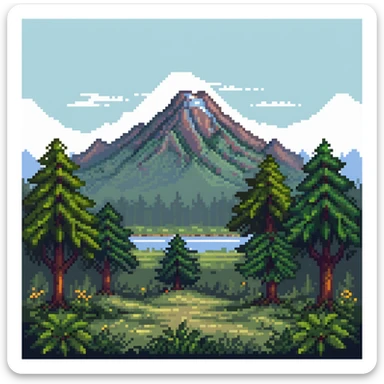 2D forest background with parallax layers, trees, bushes and a distant mountain sticker